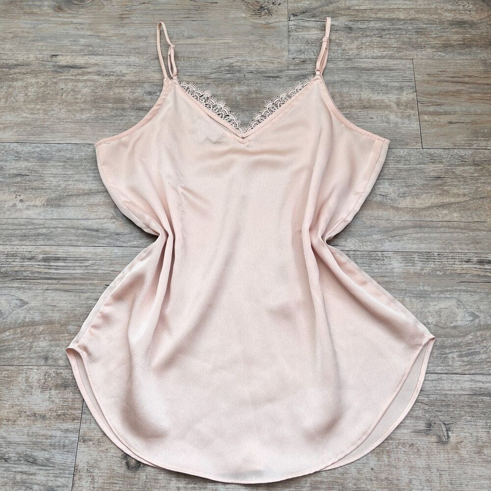 Silky Blush Pink Lace Trim Cami Top Y2K Coquette Soft Girl Minimal Chic Flowy